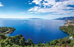 A coastal landscape with a large body of water, a town on the right, and a forested area on the left.