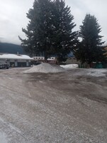 A parking area with snow-covered ground, a large tree, and a building with multiple windows and doors.