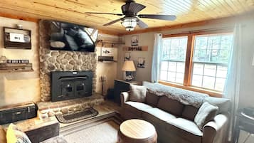 Smart TV, fireplace, books, offices