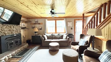 TV connectée, cheminée, livres, espaces bureaux