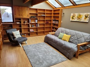 Televisión, chimenea, reproductor de DVD, libros