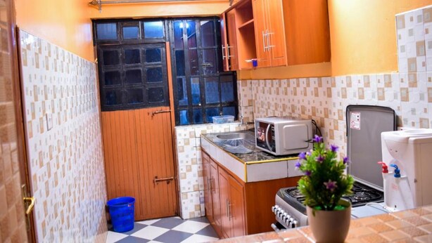A compact kitchen with a microwave, stove, and refrigerator. There is a blue basket and a potted plant on the counter. - Fountain Apartments (Naivasha)