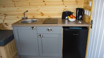 Fridge, microwave, stovetop, electric kettle