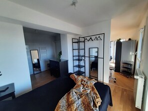 Un salon moderne avec un canapé noir, un plaid à motifs léopard et une armoire à miroir.