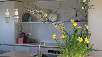 Een koelkast, een magnetron, een oven, een vaatwasser