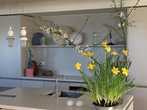 Een koelkast, een magnetron, een oven, een vaatwasser