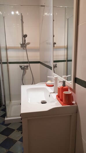 Shower, towels, soap, toilet paper