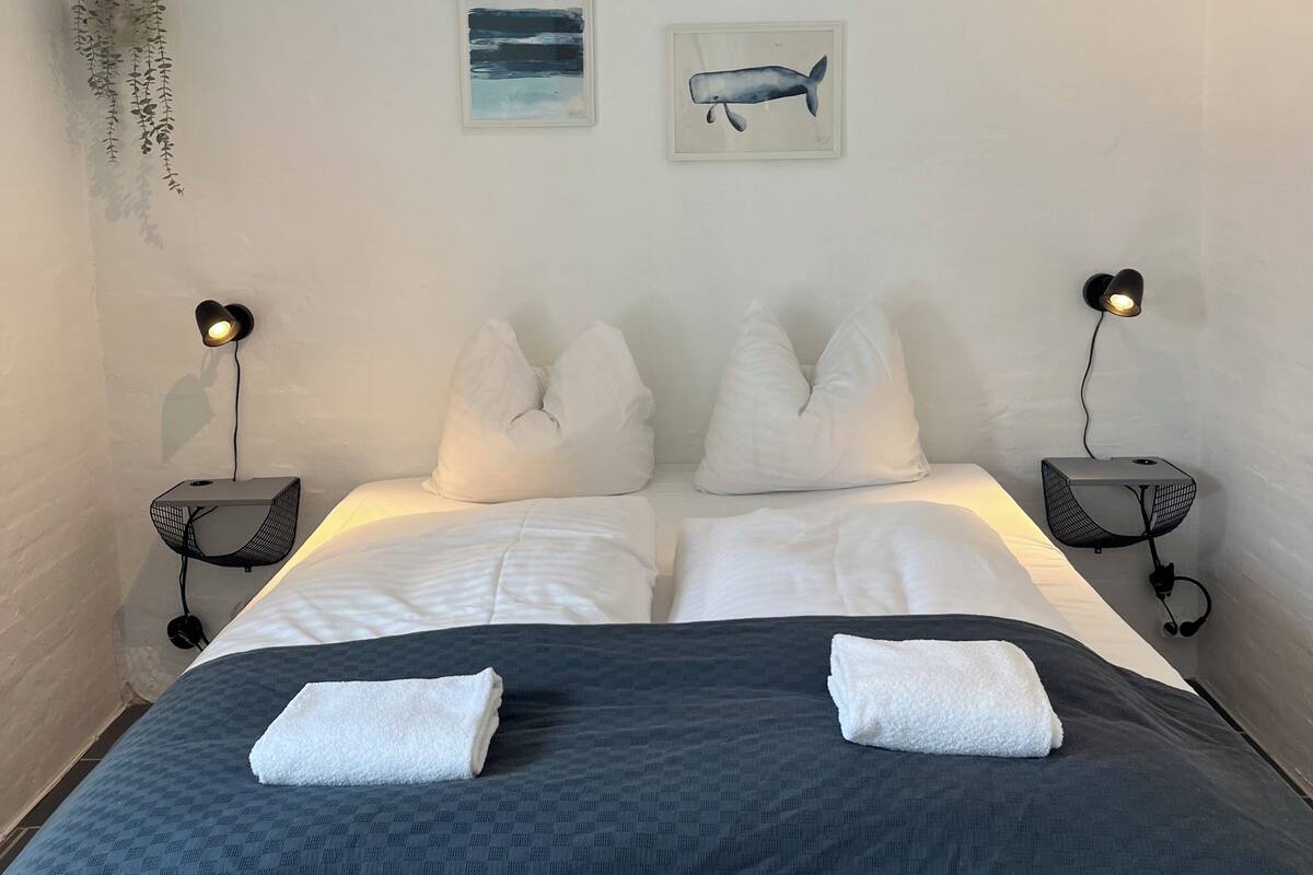 A neatly made bed with a dark blue blanket and white pillows, two wall-mounted artworks depicting marine life, and two bedside tables with lamps.