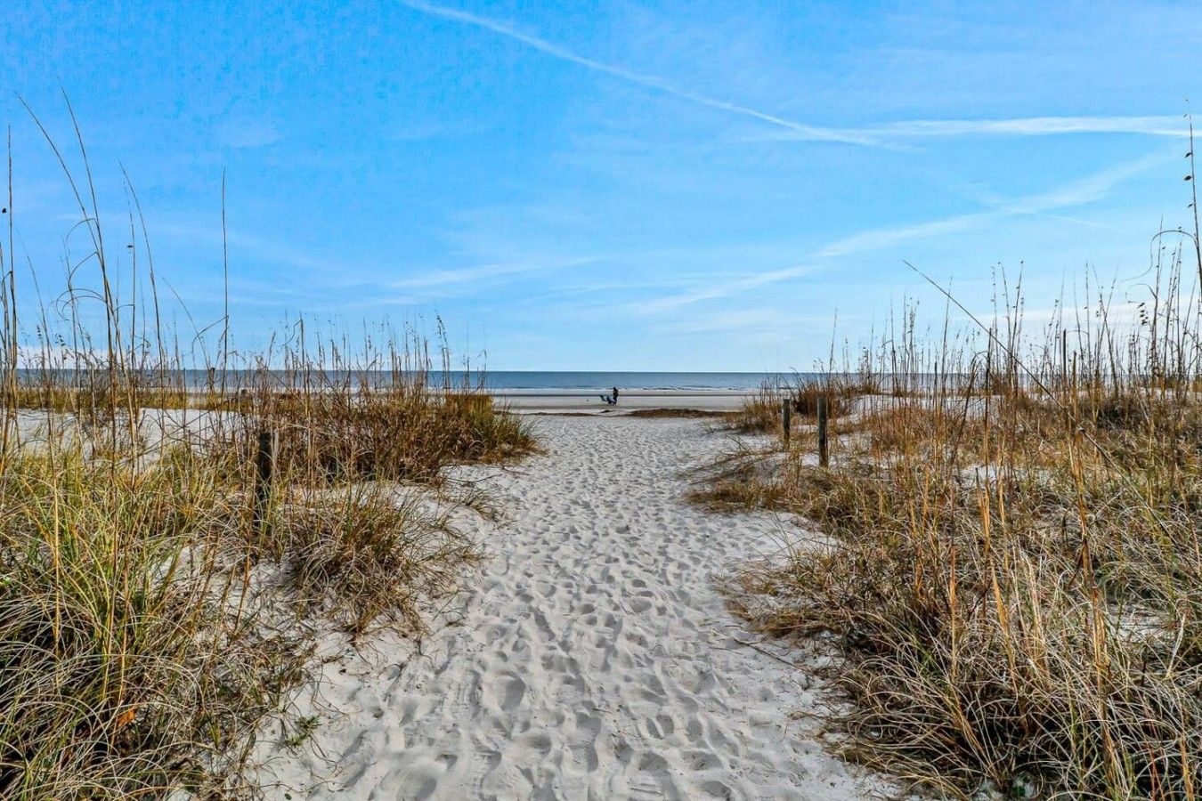 Ein Sandweg am Strand, der zum Meer führt, mit hohem Gras an beiden Seiten.