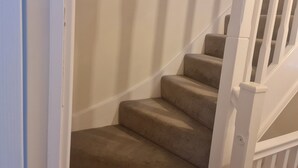 Eine Teppichstufen Treppe mit weißen Geländern.