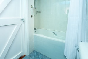 Ein Badezimmer mit Badewanne, Dusche und Toilette.