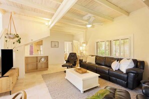 Televisión, chimenea, estéreo y oficina