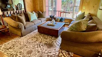 TV, fireplace, books