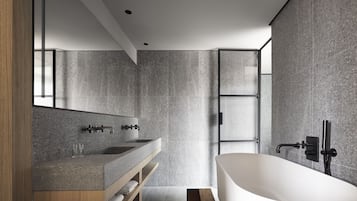 Rainfall showerhead, eco-friendly toiletries, hair dryer, bathrobes