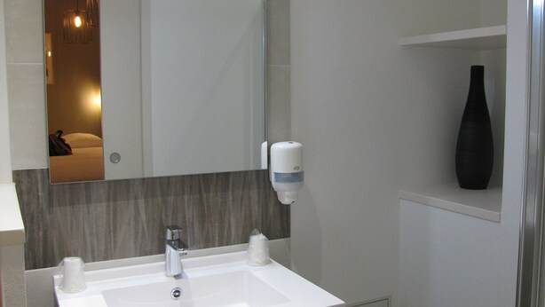A modern bathroom with a white sink, a mirror, a hand soap dispenser, and a black vase on a shelf. - Logis Hotel Le Cheval Noir (Argenton-sur-Creuse)
