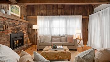 TV connectée, cheminée, livres