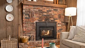 Smart TV, fireplace, books