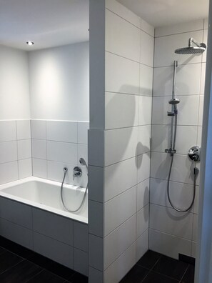 Bañera, secador de pelo, toallas