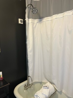 Combined shower/bathtub, hair dryer, towels, soap