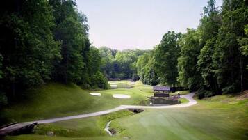 A golf course with a pond, a pavilion, and a wooded area.
