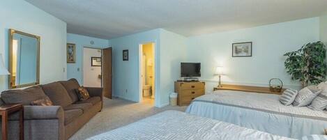 A hotel room with two beds, a sofa, a television, a desk, and a plant.