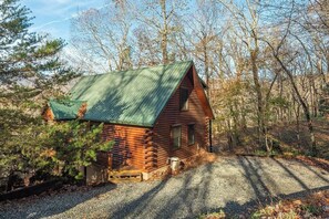 A log cabin with a green metal roof, surrounded by trees and a gravel driveway.