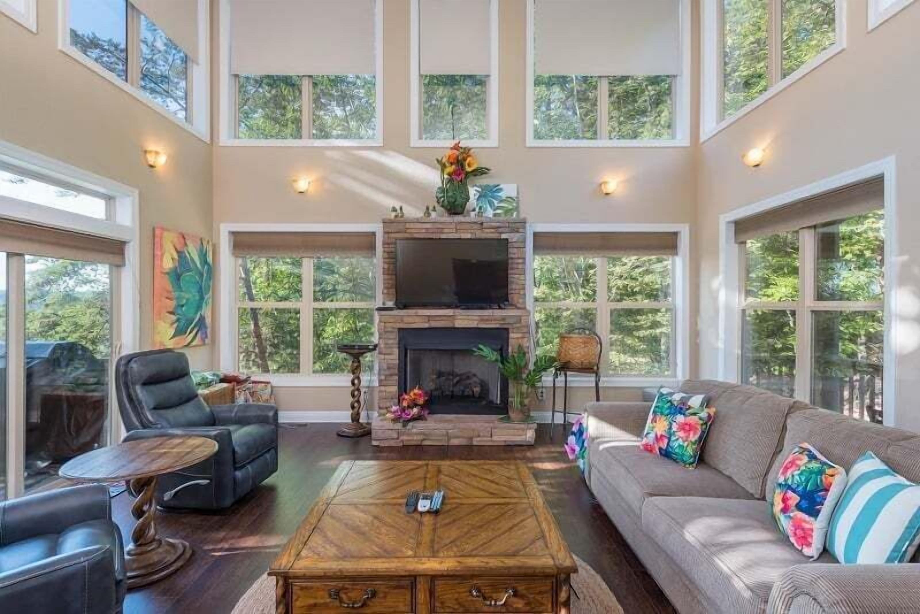 Flat-screen TV, fireplace