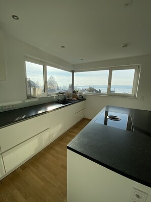 Een koelkast, een oven, een kookplaat, een vaatwasser