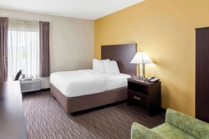 Habitación de hotel con una cama grande, una mesita de noche con lámpara, una silla y vistas al exterior a través de cortinas translúcidas.