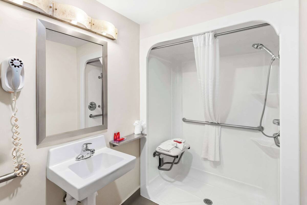 standard room, 1 king bed, accessible, refrigerator & microwave (walk-in shower) | bathroom | combined shower/bathtub, free toiletries, hair dryer, towels
