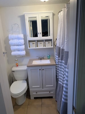 Kombinert dusj/badekar, hårføner, håndklær og såpe