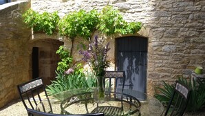 Une cour dallée avec une table et des chaises en verre, entourée de plantes et d’une porte.