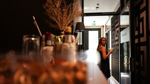 A bar area with a counter, bottles, and a decorative plant. - DeGrassi Boutique Garni Hotel Izola (Izola)