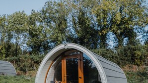 A modern, dome-shaped cabin with a wooden door and glass windows, surrounded by lush greenery. - Comeragh Pods (Comeragh)