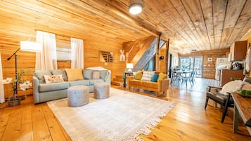 Smart TV, fireplace, books, stereo