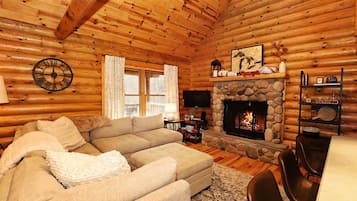 Smart TV, fireplace, books