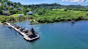 A riverside property with a dock, boats, and lush greenery.