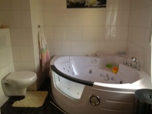 Combined shower/tub, jetted tub, hair dryer, towels