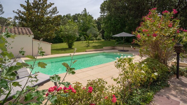 Ein Garten mit Schwimmbecken, umgeben von üppiger Bepflanzung und blühenden Pflanzen.