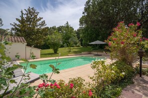 A backyard with a swimming pool, surrounded by lush greenery and flowering plants.