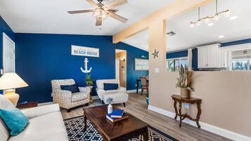 Smart TV, fireplace, DVD player, foosball