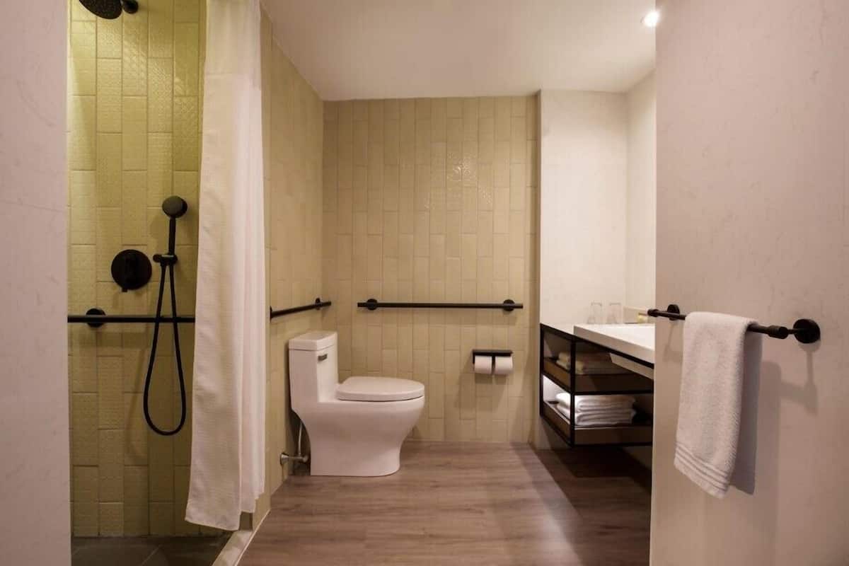 shower, designer toiletries, hair dryer, towels