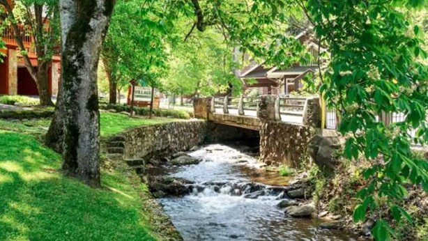 Un puente de piedra sobre un arroyo serpenteante, rodeado de abundante vegetación y arquitectura tradicional.