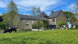 Una casa de piedra con un amplio jardín y dos vacas pastando.