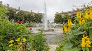 Een fontein omringd door weelderige begroeiing en gele bloemen, met gebouwen op de achtergrond.