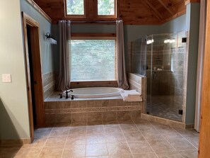 Combined shower/tub, hair dryer, towels, soap - BLUE RIDGE Mountain View Luxury Experience (Blue Ridge)