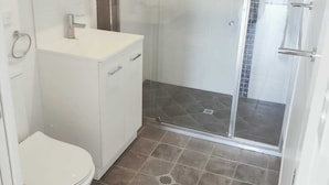 Un baño moderno con cabina de ducha de vidrio, inodoro blanco y tocador con espejo.