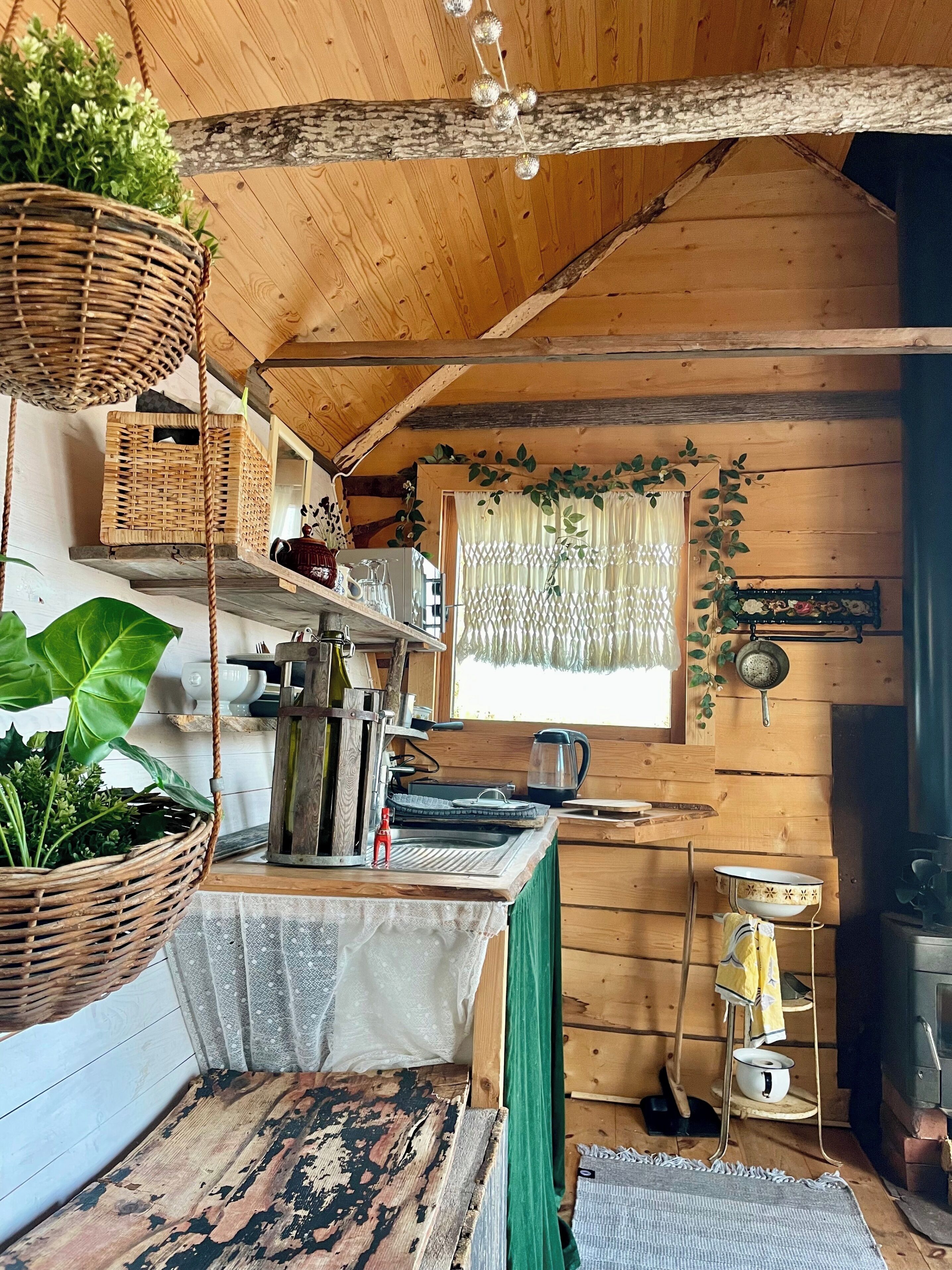 A rustic wooden interior with a wooden bench, a hanging basket with plants, a wooden table with a cloth, and a window with a curtain.