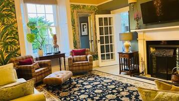 Smart TV, fireplace, books