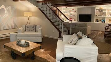 TV connectée, cheminée, livres, chaßne hi-fi